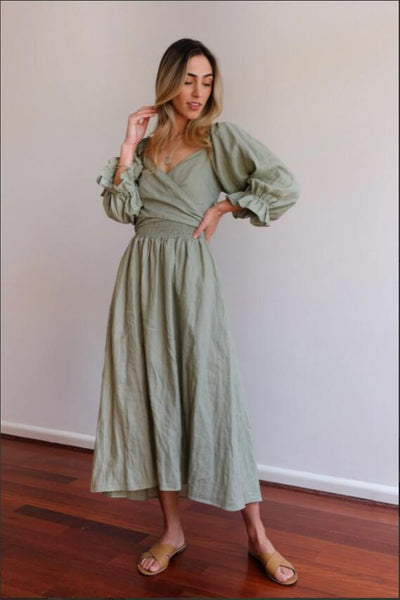 Long Puff Sleeves Maxi Dress Sage Green Wear Forwards Or Backwards Off Shoulders Or On Smocked Front Open Back Sash Waist Pockets Sizes Small Medium Large XL And Plus Size XXL 2X