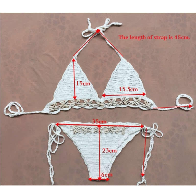 Cowrie Shell Bikini Boho Crochet Triangle Top & Tie Side Bottoms Seash ...