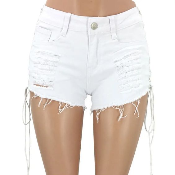 Lace Up Jean Shorts With Holes Faded Stretch Denim Daisy Dukes Classic Five Pocket Destroyed High Waist Ripped Short Jeans Available In Blue Black White Or Dark Red Small Medium Large XL And Plus Size 2X XXL And 3X XXXL