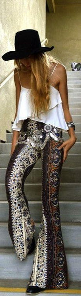 Sienna Tangler Bell Bottoms Boho Print Flare Pants Blue White Orange Bohemian Gypsy Pattern Available In Small Medium Large Or Extra Large
