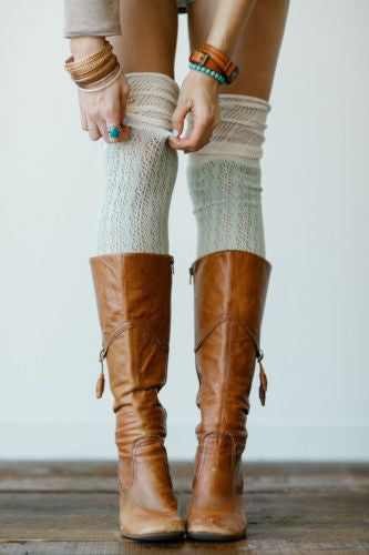 Slouch Top Boot Socks Mint Over The Knee Boho Pointelle Lace With Ivory Scrunch Tops Thigh High Knee High