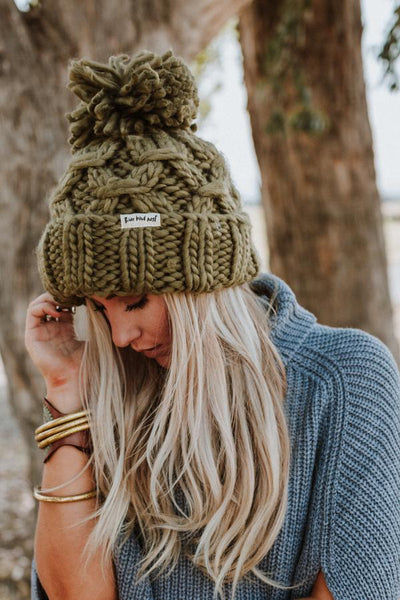 Olive Green Beanie Big Pom Pom Boho Stocking Cap Army Cargo Winter Hat Huge Pom Free Spirited People