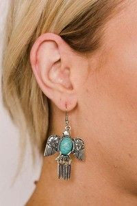 Thunderbird Earrings Turquoise Center Dangling Feathers Tribal Eagle Symbol Of Glory And Power