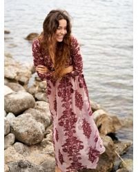 Temecula Maxi Dress Blue Or Red Embroidery Lace On Sheer Long Sleeve Deep V Neck Boho Bohemian Beach Gown Available In Sizes Small Medium Large XL And Plus Sizes XXL 2X Or XXXL 3X