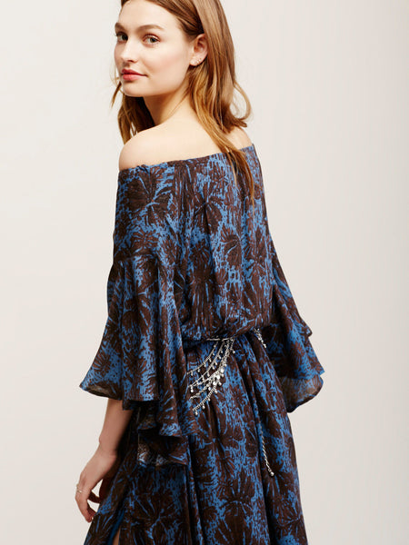 SALE 50% OFF Off The Shoulder Boho Maxi Dress "The Island Life" Bell Sleeves Lace Up Front Dark Blue And Black Print Sizes Small Medium Large Or Extra Large