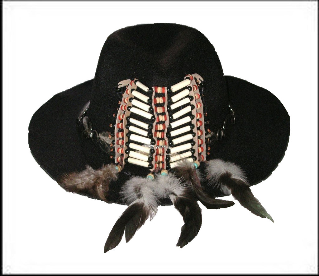 Tribal Festival Hat Black Wide Brim Fedora Indian Hairpipe Beads Silver Conchos Natural Feathers Handmade One Of A Kind