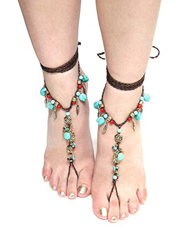 SALE 50% OFF Barefoot Sandals Turquoise Coral Silver Or Gold Conchos Feathers Beach Feet Jewelry Brown Braided Anklet Toe Ring