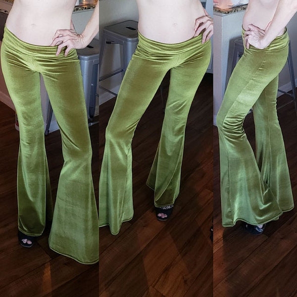 Bohemian Velvet Bell Bottoms 5 Different Colors High Waist Hippie Flare Pants Stretchy Tight Gipsy Bells Green Burgundy Black Emerald Or Purple Available In Small Medium Large XL Plus Sizes 2X Or 3X