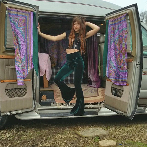 Bohemian Velvet Bell Bottoms 5 Different Colors High Waist Hippie Flare Pants Stretchy Tight Gipsy Bells Green Burgundy Black Emerald Or Purple Available In Small Medium Large XL Plus Sizes 2X Or 3X