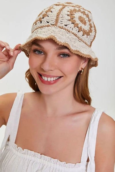 Tan White Granny Square Hat