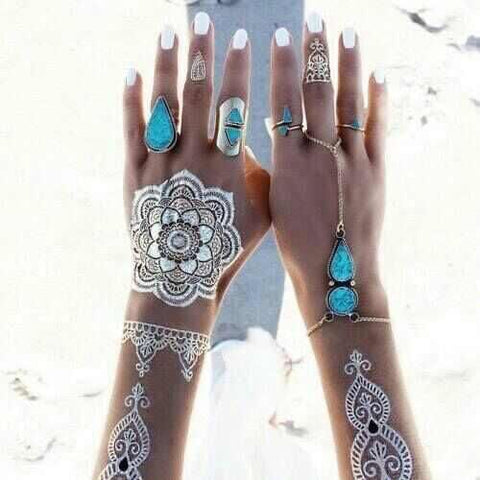 White Henna Gypsy Wanderer Temporary Tattoos Live Love Wander Blooming Sun Flower Mandala Designs Flash Tattoos