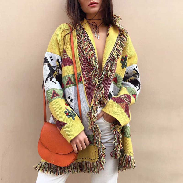 Wild Horses Cashmere Cardigan In 8 Different Colors You Choose Boho Sweater Coat Southwestern Print With Cactus Indians And Teepees Warm Wool Coat Available In Small Medium Or Large